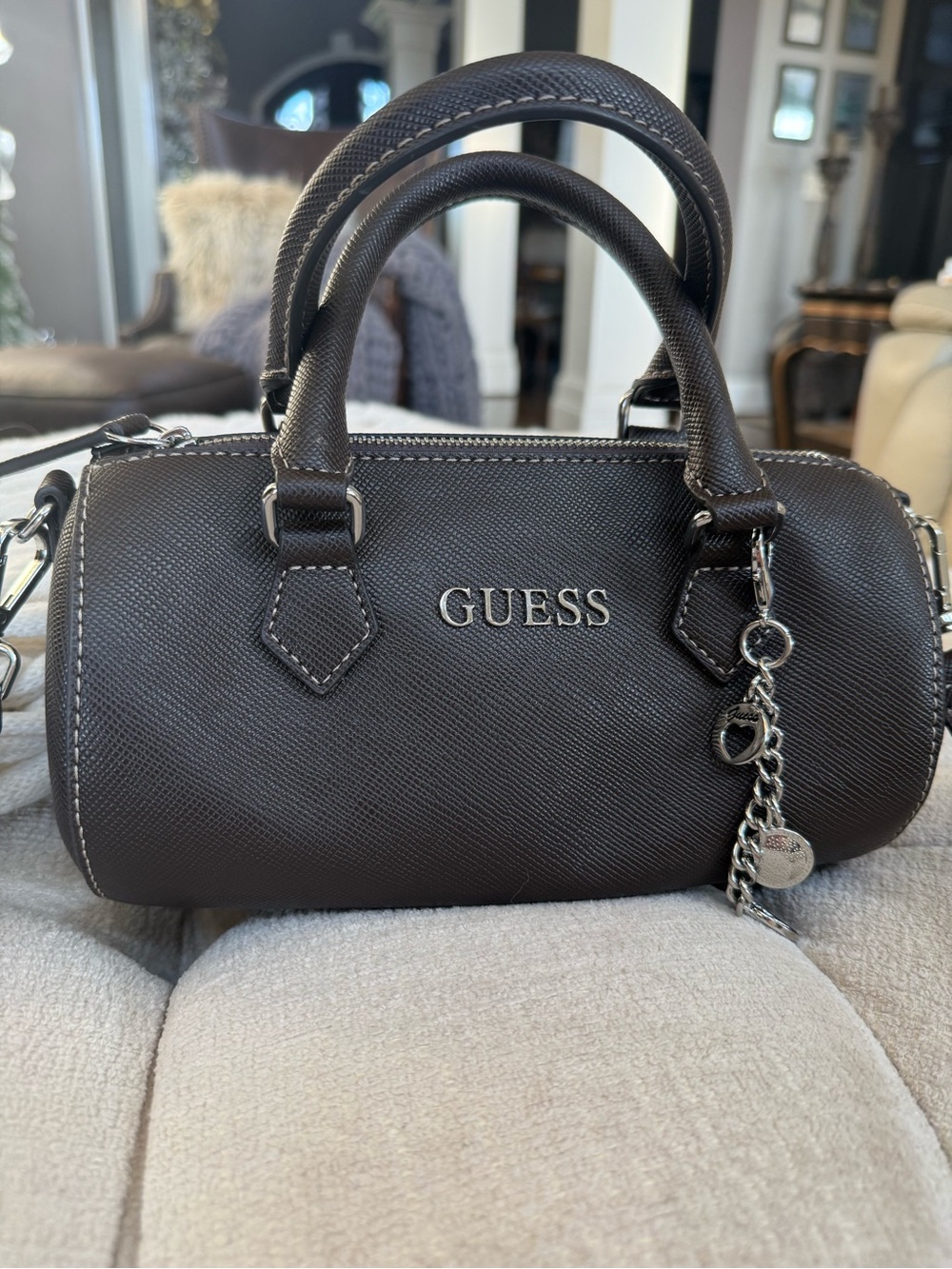 GUESS Dark Brown Mini Barrel Bag with Charm